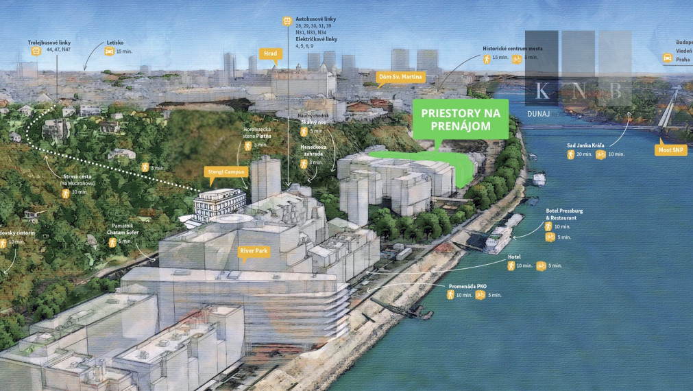 Prenájom samostatného kancelárskeho traktu 407 m² pri nábreží Dunaja v meste Bratislava